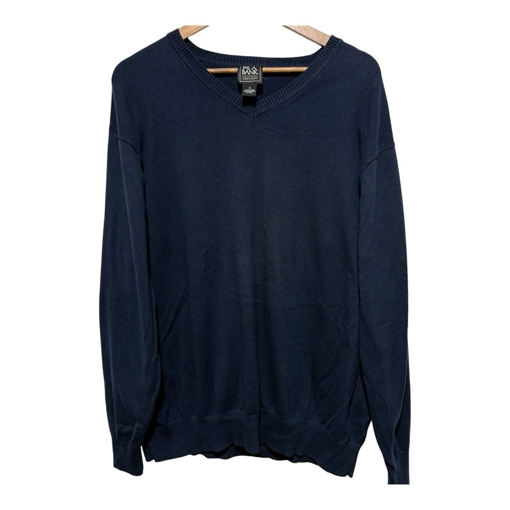 Jos A Bank Sweater Mens 2X Blue Traveler Cotton Long Sleeve Pullover V Neck